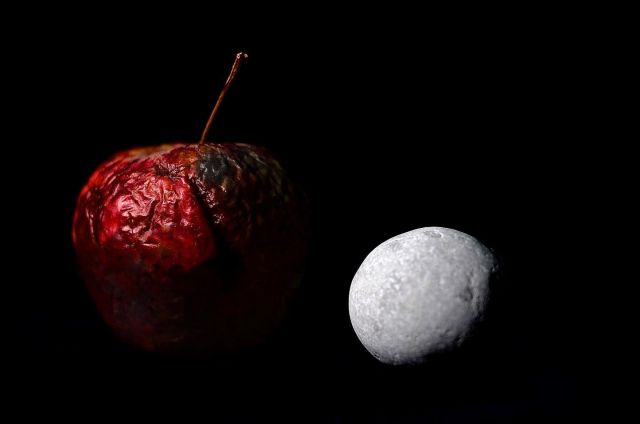 Planets - Time - Life.  Earth and Moon. This motif came by itself on my work table: a stone from the river and a very, very old apple. Some things came to mind when I was taking the photos: how beautifully the relation of time can be shown with these two things. And how vulnerable our world is right now; she is like a sweet apple that should not be destroyed by rot and darkness.  #fotografie #nikon #affinityphoto #nikonphotography #fixedfocallength #planets #moon #earth #time #philosophy #spirituality #humanity #life #stoneart #apple #spaceart #space #light #hope #soul #digitalart #einstein #antiwar #bokeh #malwiedereinfoto
